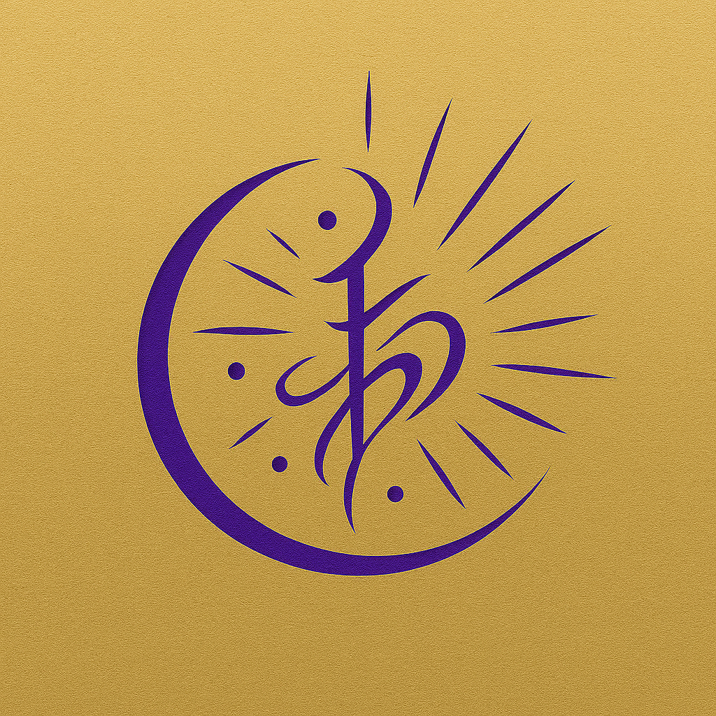A stylized logo featuring a sun and moon, set against a gold background.