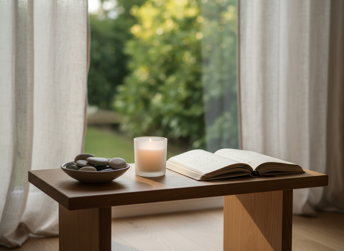 A small, low wooden altar table made from smooth, light oak, its surface carefully arranged with a single white candle in a frosted glass holder, a small bowl of polished river stones in soft grays and creams, and an open journal with creamy, textured pages. The altar sits near a large window framed by sheer linen curtains, overlooking blurred greenery beyond. Late afternoon natural light bathes the scene in a warm, gentle glow, casting soft, elongated shadows. Photographic realism, eye-level composition with a shallow depth of field keeps the altar in crisp focus while the background dissolves into a soft bokeh, creating a calm, professional, and deeply peaceful atmosphere suitable for a grief healing practice.