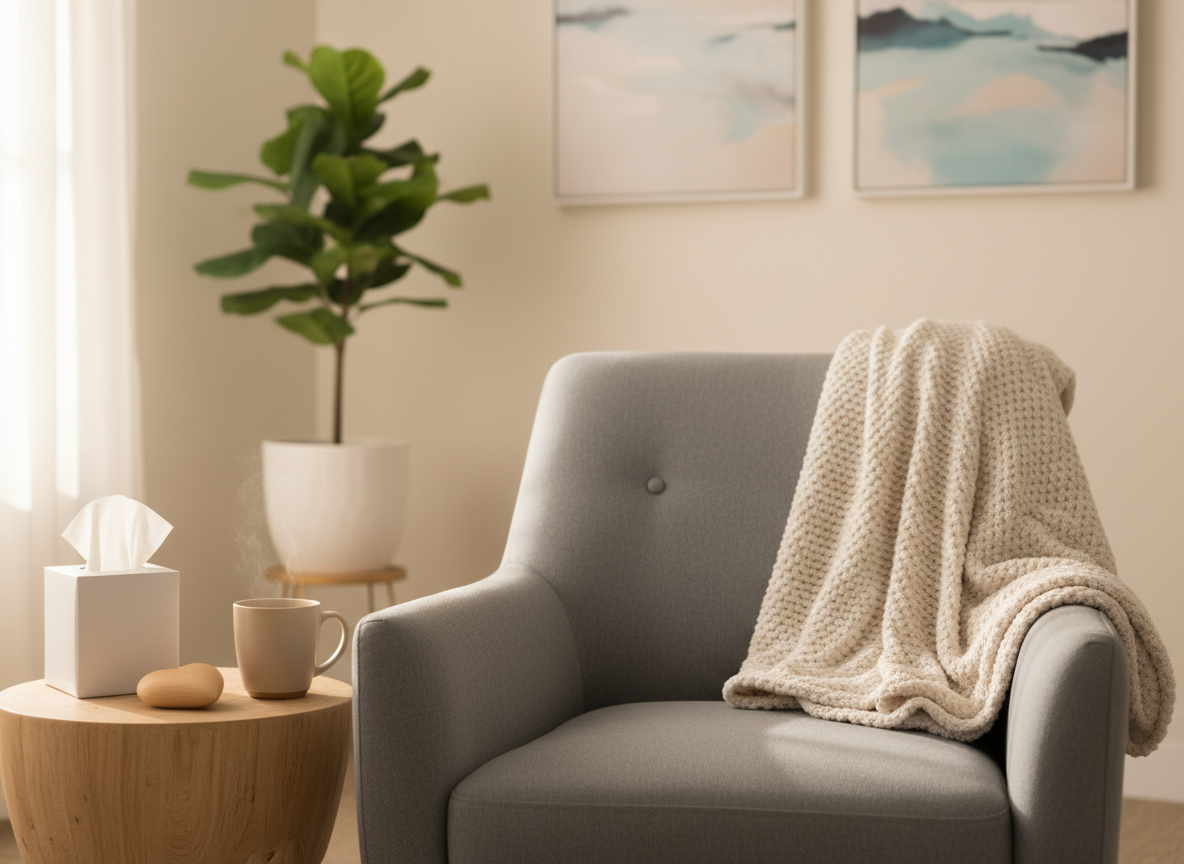 A neatly arranged therapy space corner without any human presence, featuring a plush, dove-gray armchair with a cozy woven blanket folded across one arm and a small round wooden side table beside it. On the table rests a box of soft tissues, a ceramic mug of herbal tea releasing faint steam, and a small, carved wooden heart. The setting is within a softly lit room painted in warm off-white, with a potted plant and abstract, calming artwork on the wall in the blurred background. Gentle, diffused natural light streams in from an unseen window, creating a warm, comforting atmosphere. Photographic realism, eye-level composition with moderate depth of field, emphasizing safety, support, and professional care in a grief healing environment.