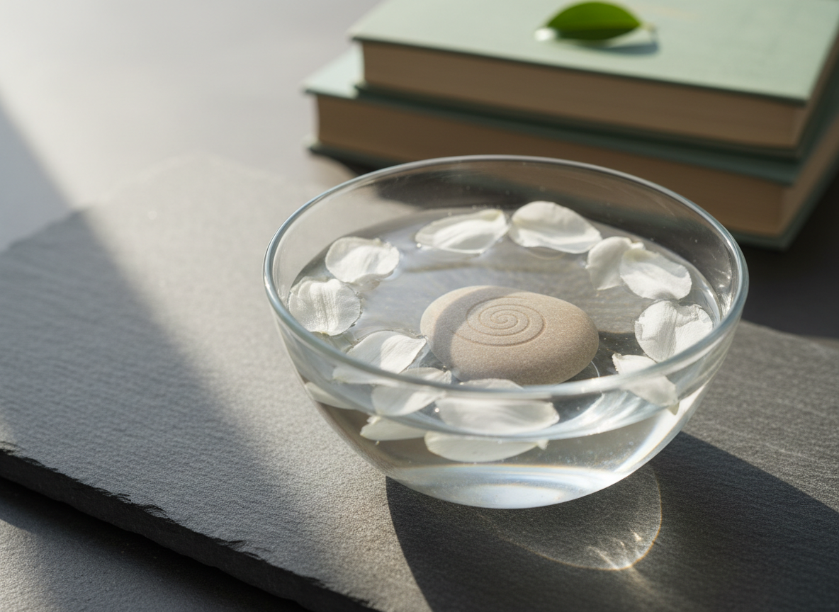 A close-up of an elegant glass bowl filled with clear water, placed on a matte, slate-gray stone surface. Several delicate white flower petals float on the water’s surface, alongside a smooth, heart-shaped stone in soft beige tones engraved with a subtle spiral. Behind the bowl, out of focus, sit neatly stacked books with muted, natural-colored covers and a single small, green leaf resting on top. Soft morning light from the left creates gentle reflections and highlights on the water and glass, while casting tender shadows across the stone. Photographic realism, shot from a slightly elevated angle with shallow depth of field, conveying serenity, emotional healing, and quiet introspection.