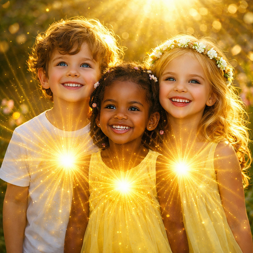 Three smiling children standing close together in warm golden sunlight, each with a glowing light at their heart center, symbolizing inner light and love