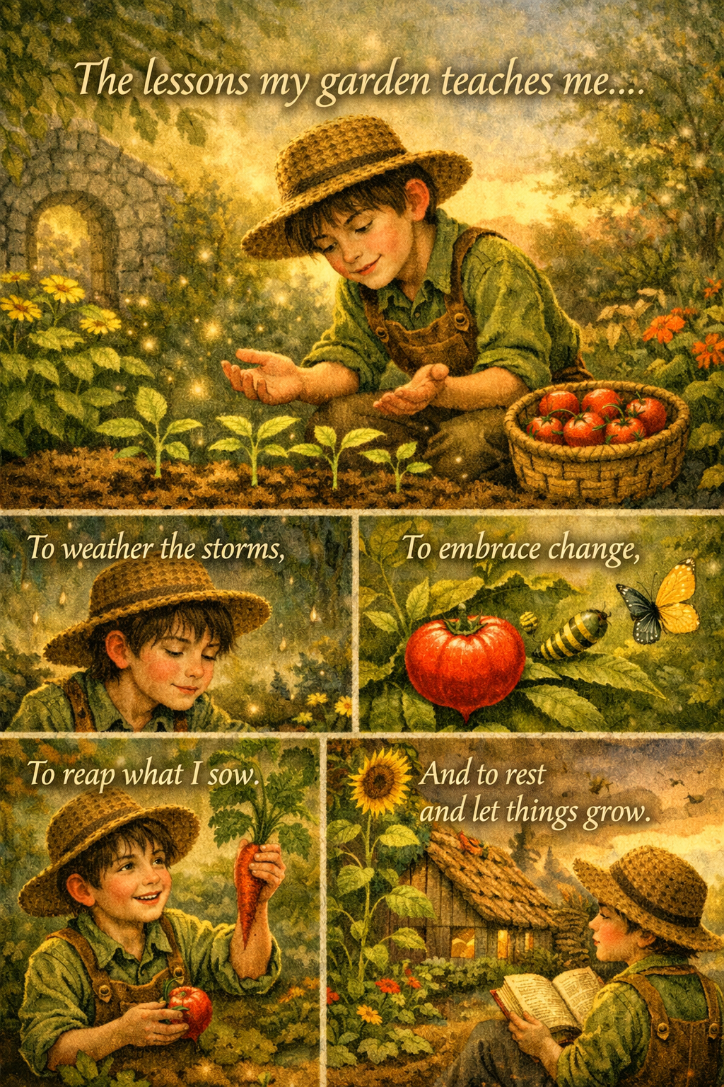 Illustrated boy tending a glowing garden with panels showing lessons: weather the storms, embrace change, reap what I sow, and rest and let things grow.